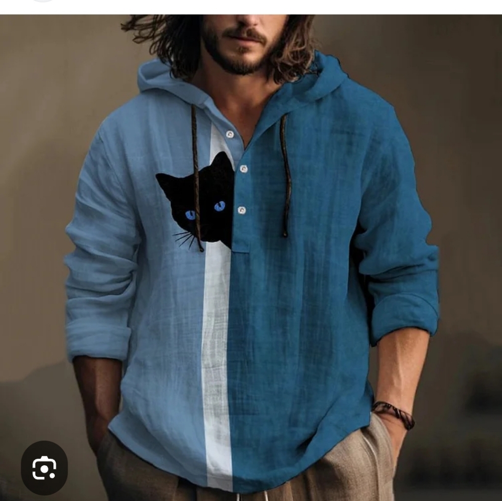 Big & Tall Mens Blue and White Hide & Seek Cat Lightweight Hoodie